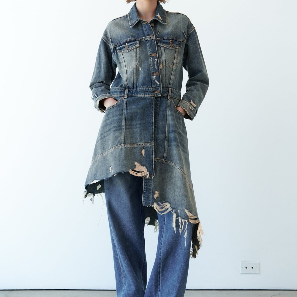ZARA Distressed ASYMMETRICAL Denim Jacket Dress - Blue XS X SMALL